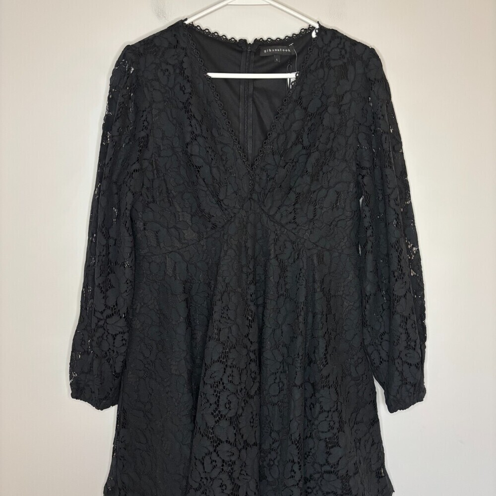 GIBSONLOOK NEW Lace Babydoll Dress Womens L Black Lined Balloon Sleeve V-Neck